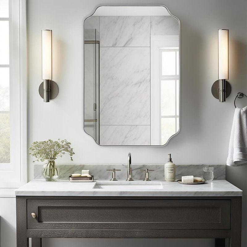 Miroir de salle de bain Modern Cadre en acier inoxydable, 36 po x 24 po, Nickel brossé