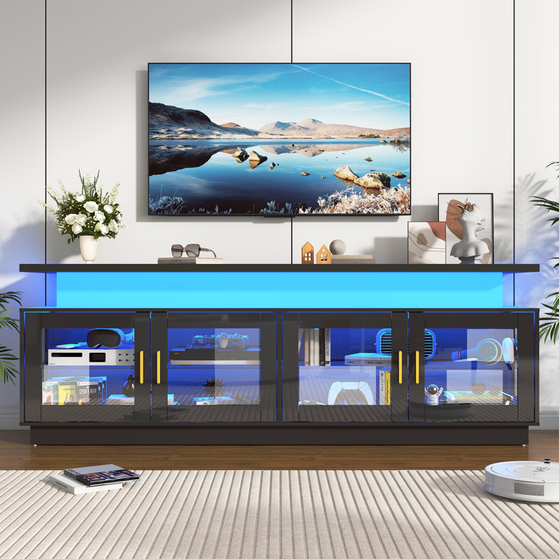 71" High Gloss TV Stand with Power Outlet and LED Light for TVs up to 80", Black