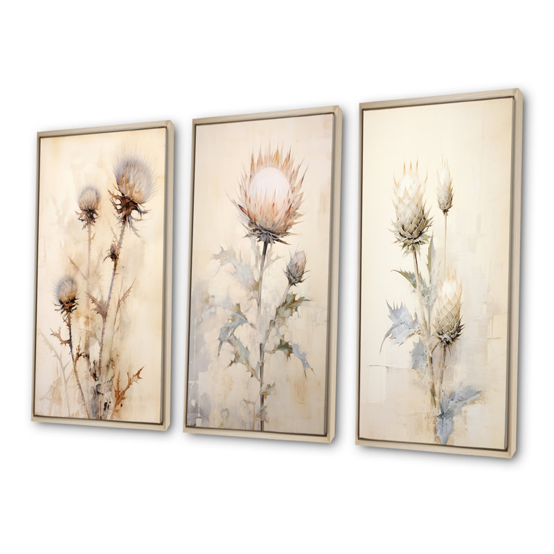 Mute Tone Beige Thistle Flower - ensemble de 3 impressions murales sur toile Thistle, Cadre flottant brun, H 32 po x l 48 po