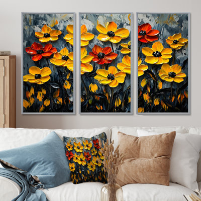 Champ de poinsettias jaune et gris II - art mural poinsettias - ensemble de 3