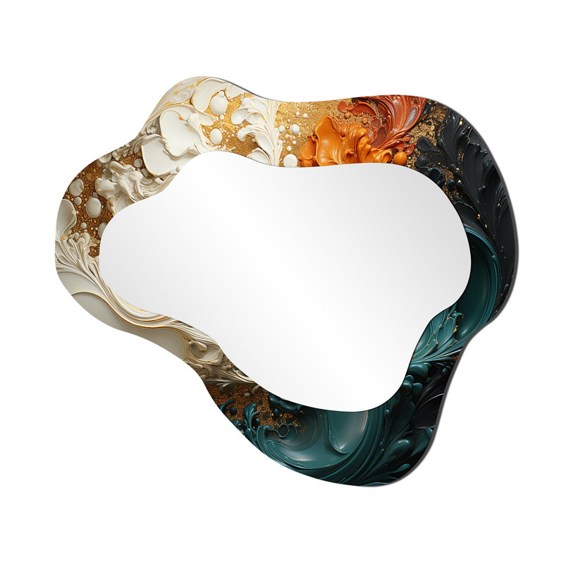 Orange and gold Ripple waves melody IV - Abstract Painting Asymmetrical Mirror, Orange Cloud Decorative Wall Mirror, Printed Metal Art