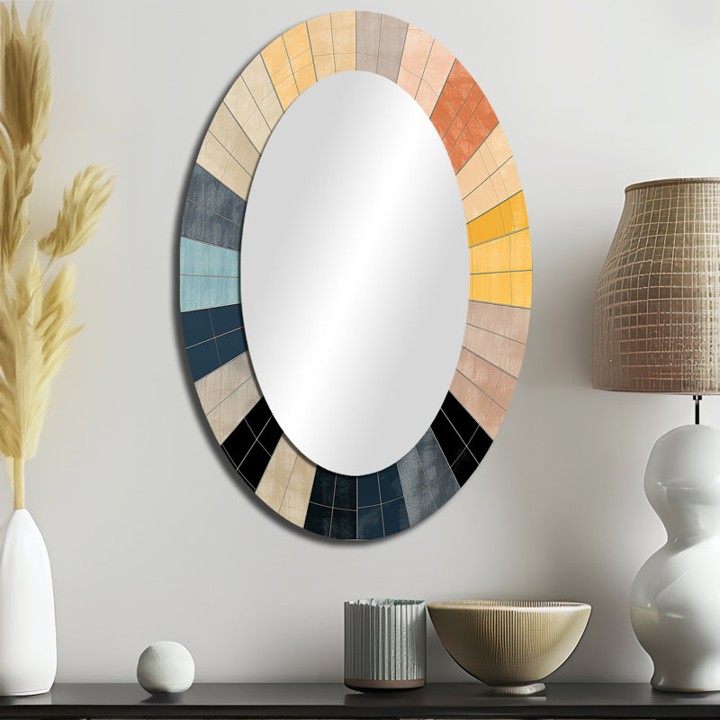 Mid-Century New Balance Abstract Geometrics III - Miroir décoratif abstrait ovale sur métal, 36 po x 24 po