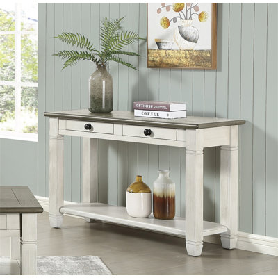 Table de canapé antique en bois blanc et brun avec 2 tiroirs et une tablette inférieure pour le salon