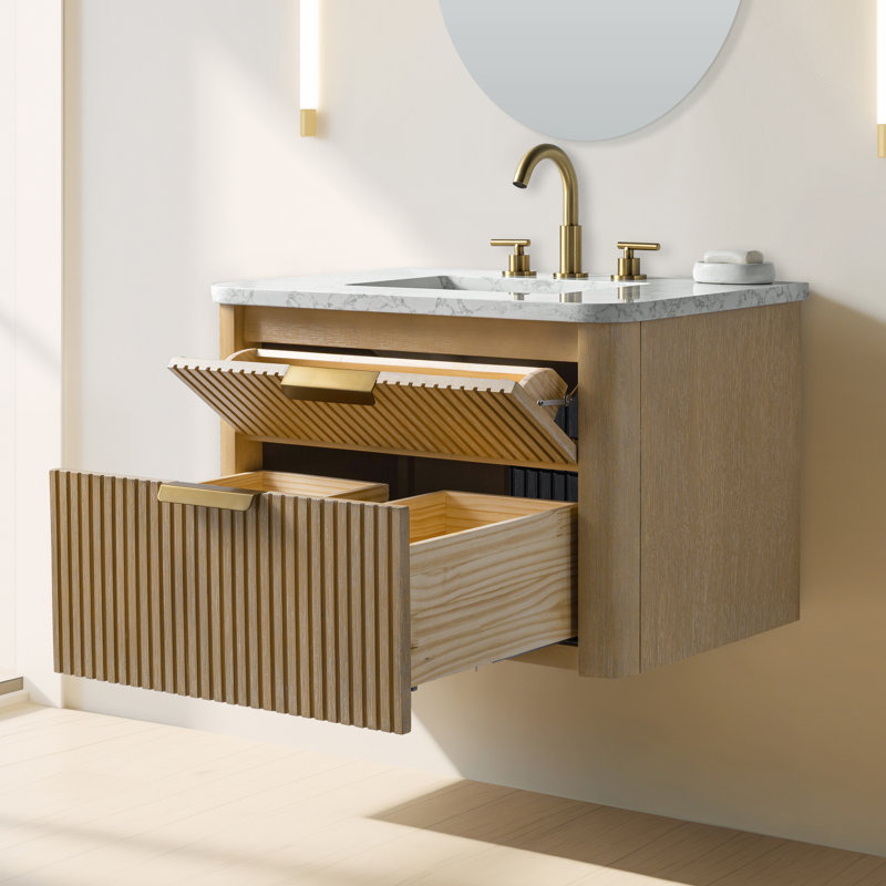 Liljan 30'' Wall-Mounted Single Bathroom Vanity with Engineered Stone Top, Classic Oak/Brushed Bronze