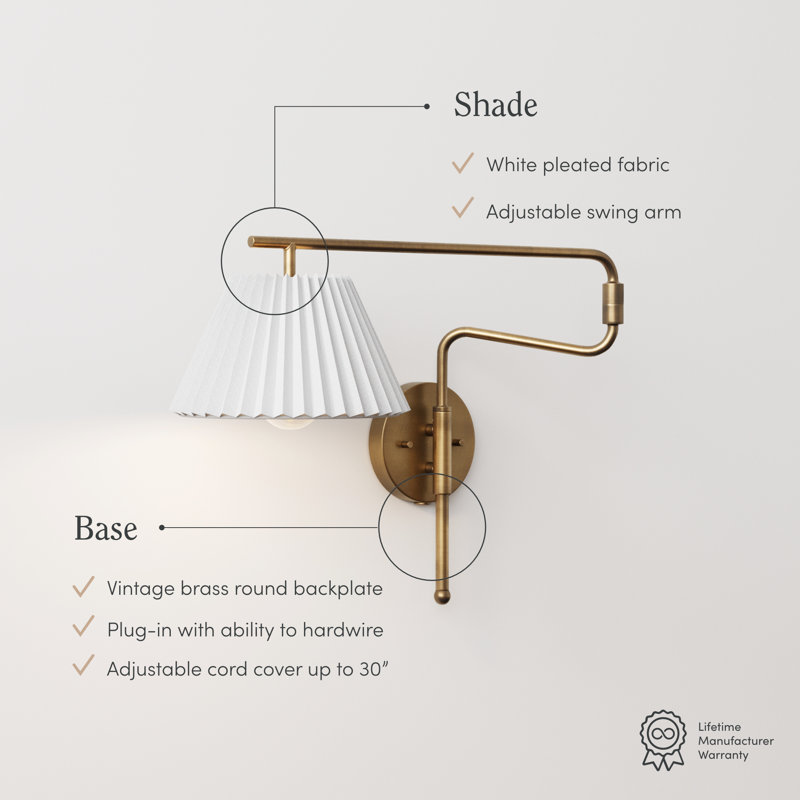 Steel Plug-in Swing Arm Sconce, Vintaged Brass/White