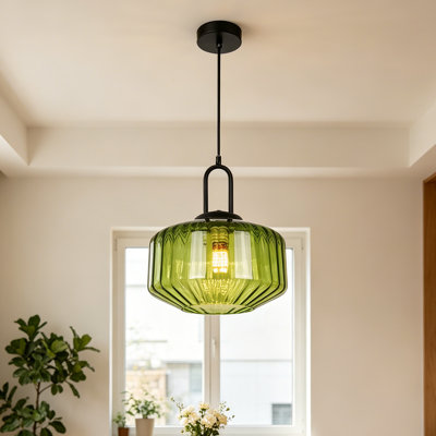 1-light Green Ribbed Glass Pendant Light With Bulb
