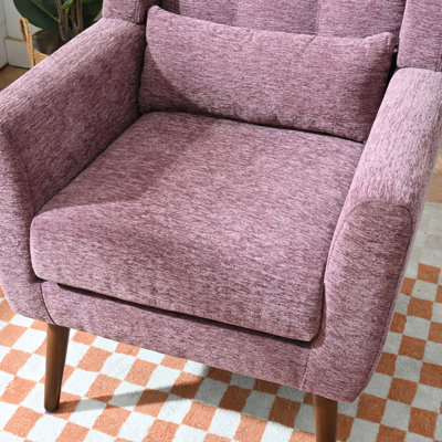 Fauteuil ergonomique violet pour salon, idéal pour la lecture et le travail, style milieu du siècle, revêtement en chenille, structure en bois d'hévéa, profondeur d'emballage de 74 cm, convient pour la salle à manger ou la chambre, confort, coussin décoratif, chenille, pieds.
