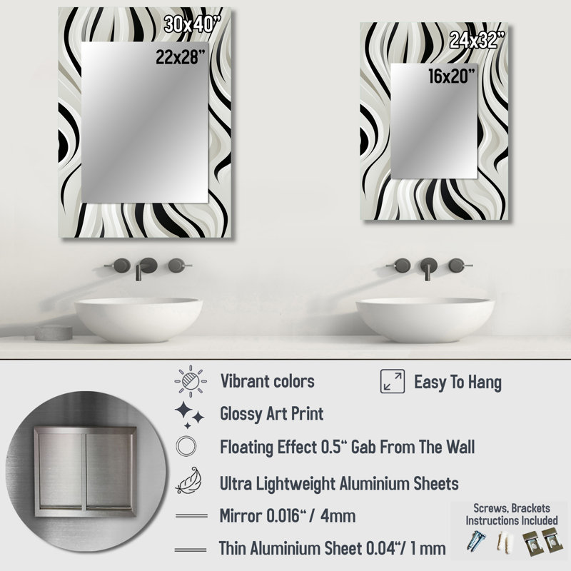 Bystrom noir et blanc zébré monochromatique élégance - miroir mural décoratif abstrait, miroir moderne, impression d'art en métal