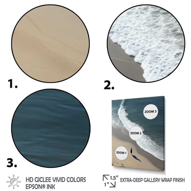 Minimalisme noir et blanc, photo de plage sur toile, Cadre de coin blanc fermé, H 32 po x l 16 po x P 1 po