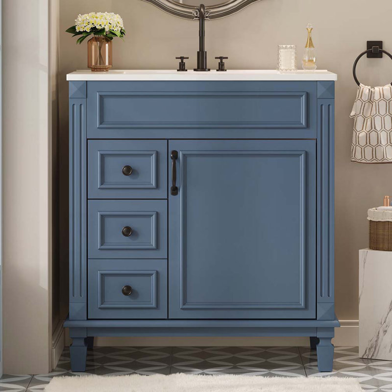 Meuble-lavabo avec lavabo en céramique, armoire avec 2 tiroirs et tablette réglable, Bleu