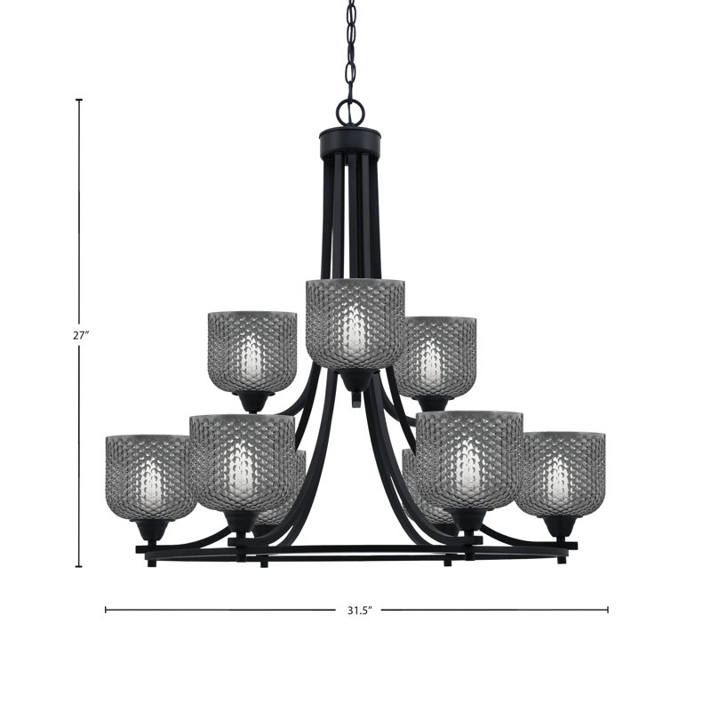 Allexus 9 Light Chandelier Matte Black Finish 6" Smoke Glass, Matte Black, Black