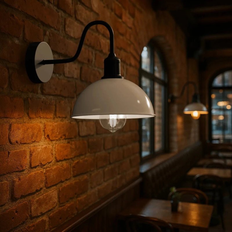 Modern Industrial Vintage Dome Wall Sconce – Fixed Curved Arm Metal Light for Bedroom, Hallway, Living Room, and Office., No