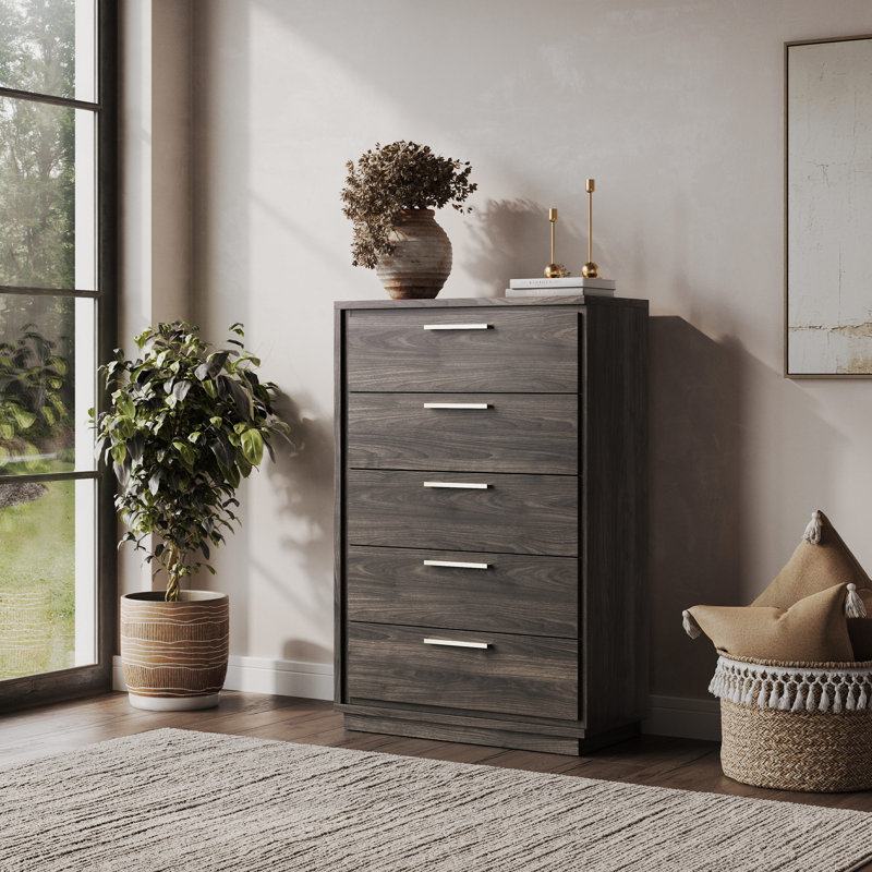 5 Drawer Dresser, Wood Storage Chest with Rose Gold Handles, Brown