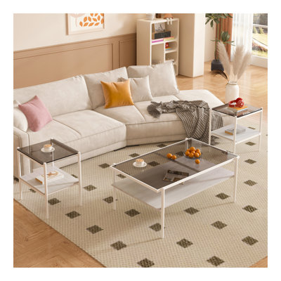 Coffee Table And End Tables Set Of 3, Tempered Glass Table With MDF Layer, Modern Tables For Living Room , Brown Glass by Corrigan Studio