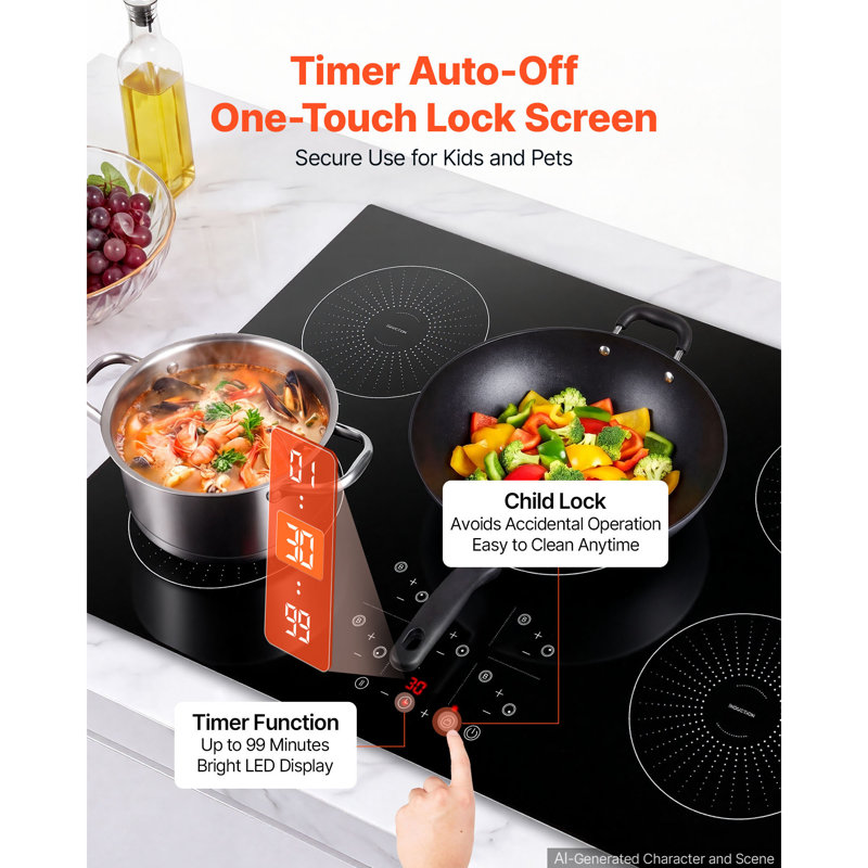 Plaque de cuisson à induction 30 po, 5 brûleurs, cuisinière électrique intégrée 220 V 9 200 W, brûleur à induction pour la cuisine, avec 9 niveaux de puissance, écran tactile à DEL, surface en vitrocéramique, verrou pour enfant