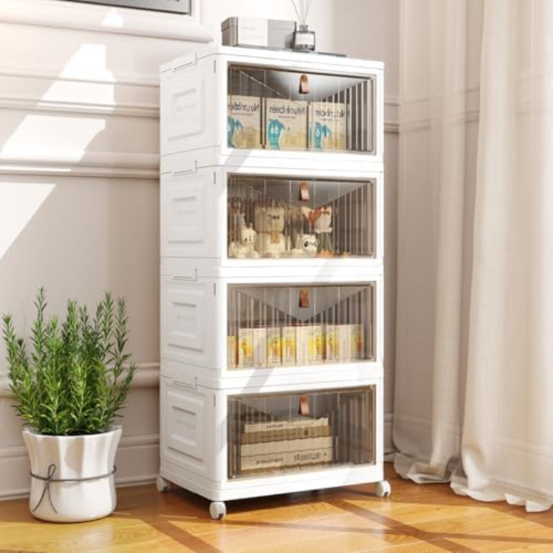 4 bacs de rangement à 4 niveaux avec couvercles, organisateurs de placard empilables 23QT et rangement avec roues, boîtes de rangement pliables, contenants de rangement en plastique pliables pour la maison, le bureau, le dortoir - blanc