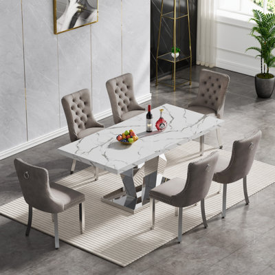 70" Faux Marble Dining Table Set for, White Dining Room Table with Velvet Dining Chairs, Modern Kitchen Table and Chairs Set, Luxury Dining Table Set for Kitchen Dining