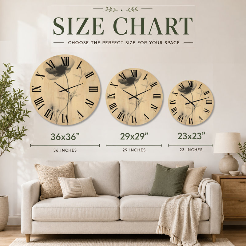 Étude anémone à l'encre I - Horloge murale en bois massif beige Japandi, Extra Large