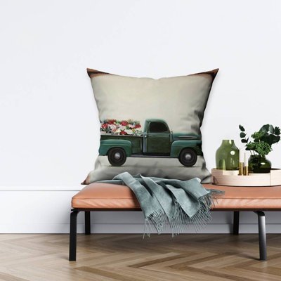 Flowers Farm Truck Beige Car – Throw Pillow Cover Only, Double-Sided Print, Insert Not Included