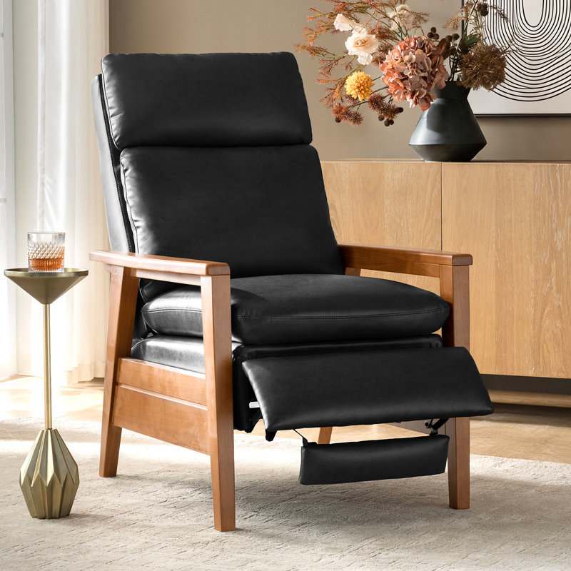 Fauteuil inclinable honorano en cuir végétalien Mid-Century moderne avec structure en bois massif, Similicuir noir