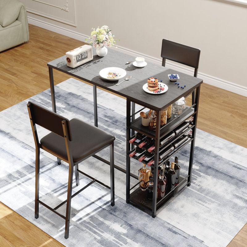 Ensemble de salle à manger compact 3 pièces pour 2 personnes, table moderne aspect bois noir avec étagères de rangement à 4 niveaux, casier à vin et porte-gobelets, chaises rembourrées, gain de place pour les coins de cuisine et d'appartement, noir