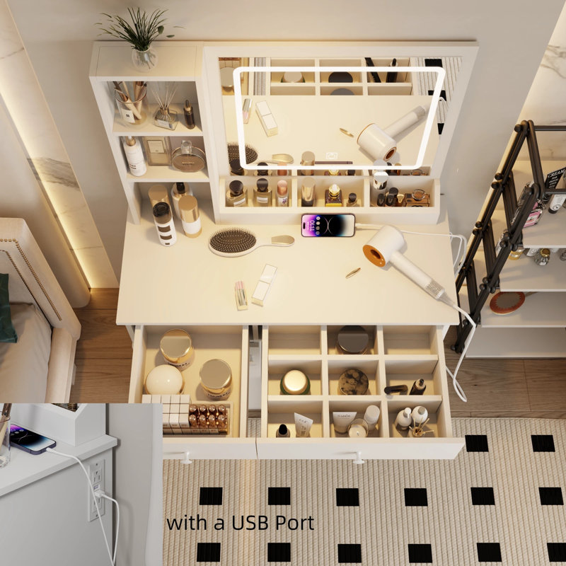 Bureau de coiffeuse Fashion avec miroir lumineux, 3 lumières DEL à intensité variable et 2 grands tiroirs