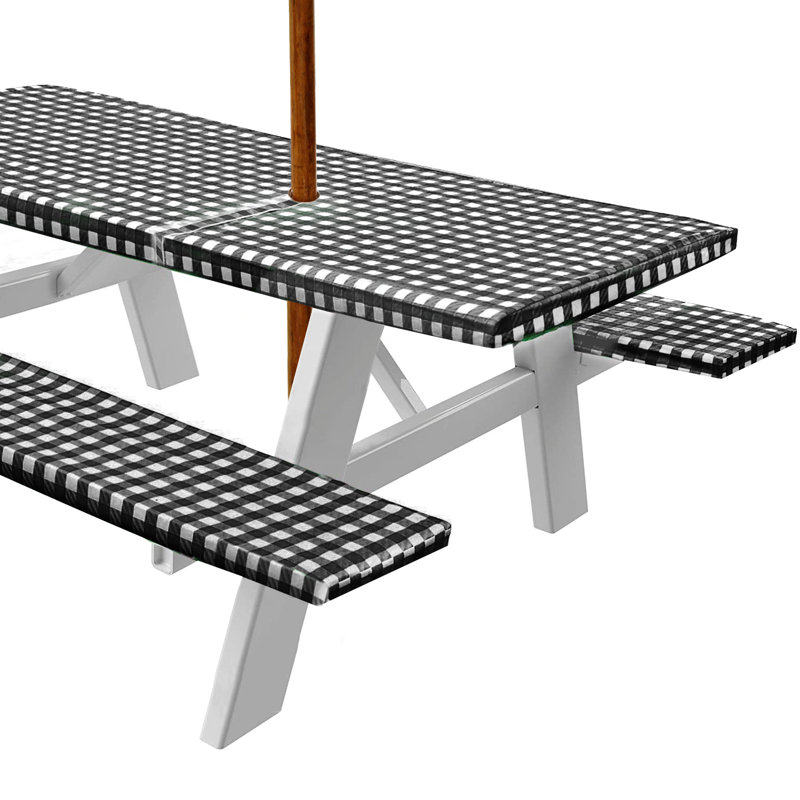 Jeveah Vinyl Picnic Fited 3 Pcs Tableclth With Umbrella Hole Rectangle 30X72 Red, Black, 72" x 30"