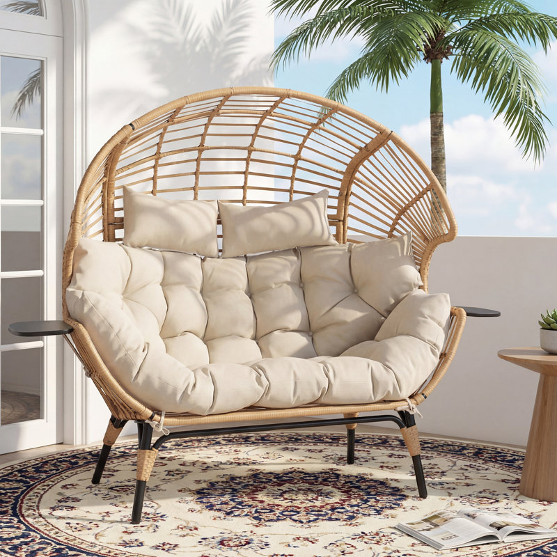 Double Egg Chair Indoor Outdoor Stationary Oversized Thicken Padded Cushions,2 Person Egg Loveseat Chair With Cup Holder& Rain Cover 700lbs,Beige