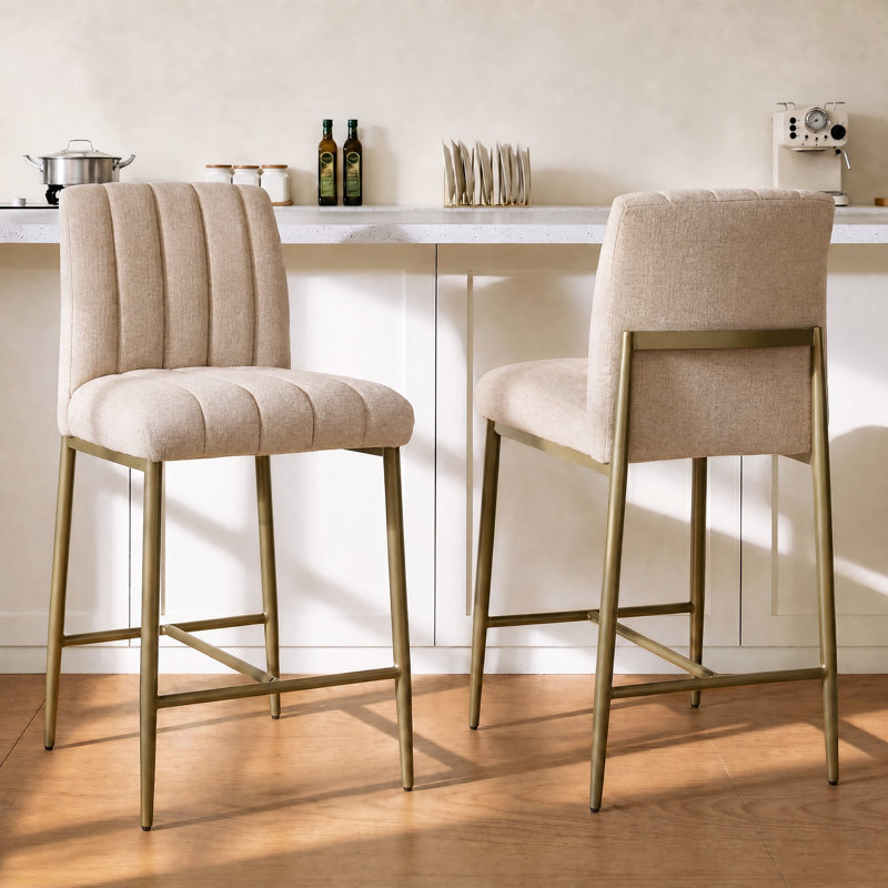 Comfortable Bar Stools Set of 2, 26” Thick Upholstered Counter Height Bar Stools with Back, Linen Counter Stools with Metal Legs for Kitchen Island, Khaki