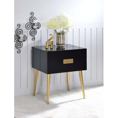 Denvor & Gold Finish End Table with High Gloss Wooden Top and Metal Tapered Legs, Perfect for Modern Living Spaces