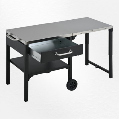Chariot de préparation pour l'extérieur en acier inoxydable avec extension pliable, tiroir et tablette inférieure, îlot de cuisine sur roulettes