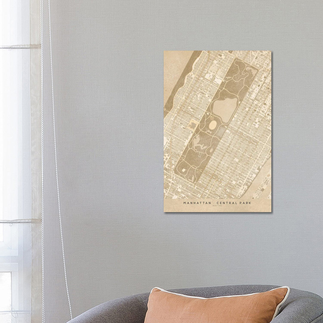 Vintage Sepia New York Central Park Karte von Blursbyai - Gallery-Wrapped Canvas Giclée