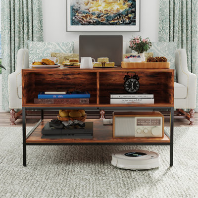 Table basse Farmhouse avec pieds en métal, table carrée avec compartiment de rangement caché pour le salon