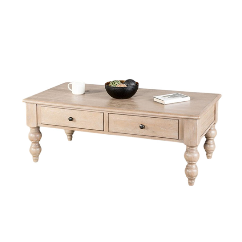 Table basse Cherie, 2 tiroirs, bois délavé blanc clair, 52 po