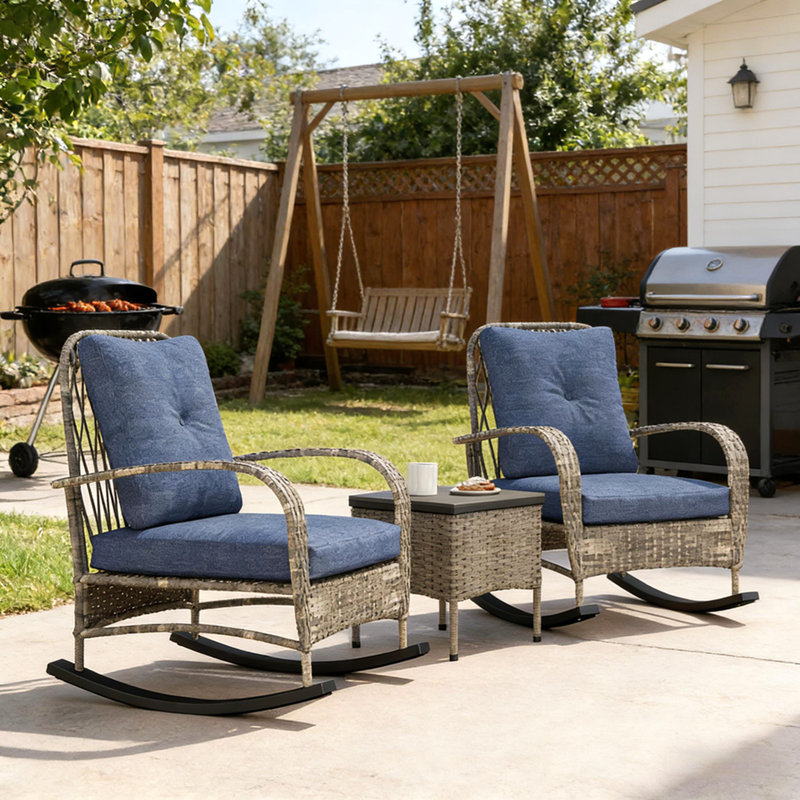 Ensemble de balcon, 3 pièces de mobilier de patio en osier, Gris