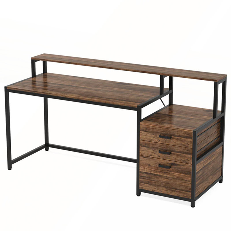Bureau ergonomique spacieux avec support pour écran surélevé et classeur polyvalent pour une productivité accrue