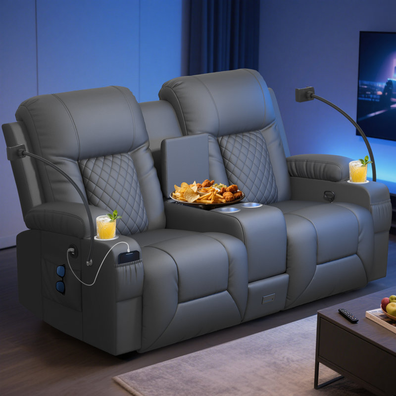 Home Theater Loveseat Recliner with Storage, USB Charging, and Cup Holders, Gray