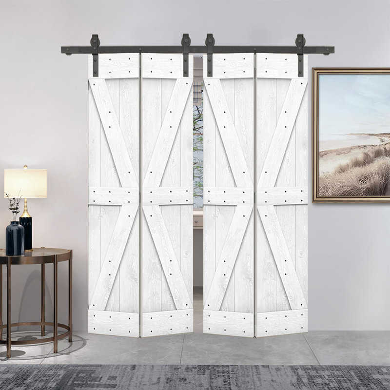 Porte de grange pliante en bois de pin avec quincaillerie coulissante, Blanc, 72 po x 84 po