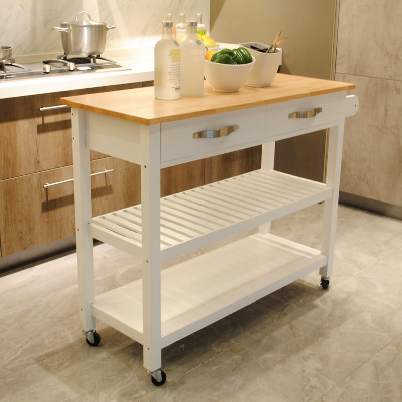 Kitchen Island Cart With Rubber Wood Top, Two Lockable Wheels, Drawers & Open Shelves For Ample Storage Cart, P2 Grade Density Board And Wheels