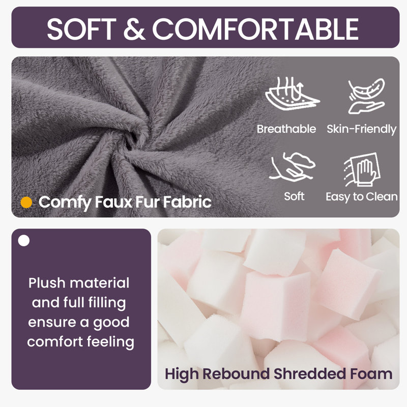 Oversize 46" Faux Fur Tufted Compression Bean Bag Chair with Pillow & Pocket, Memory Foam Filled, Dark Gray Faux Fur