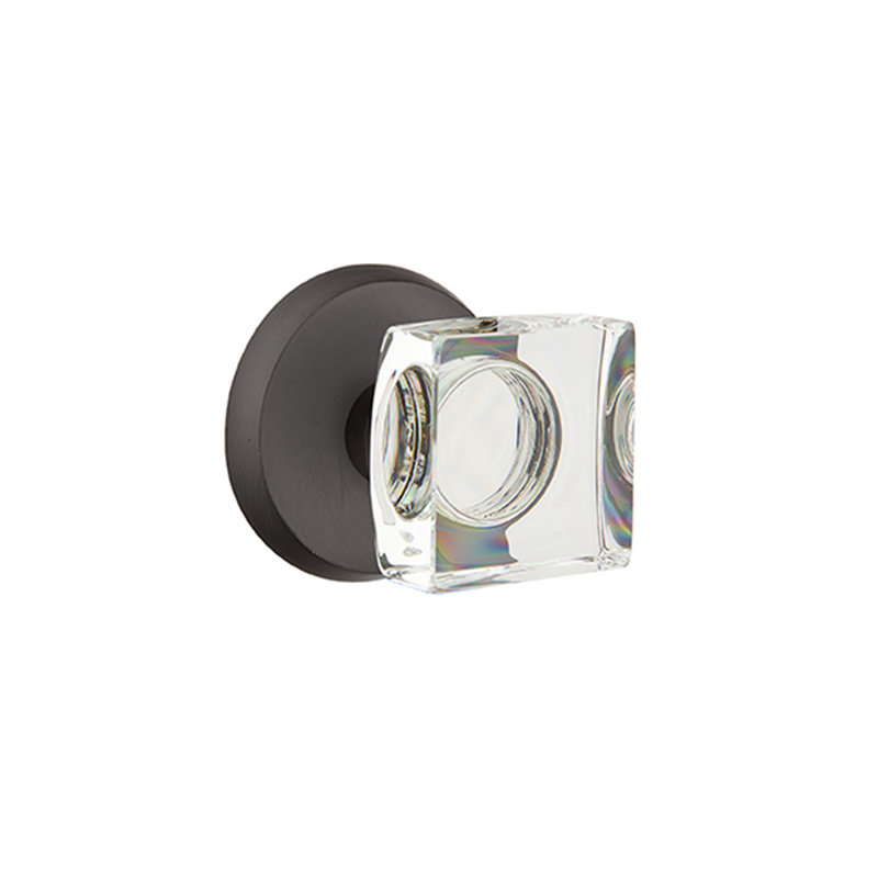 Ensemble de faux boutons Emtek avec rosette n ° 2 et bouton carré en verre moderne, Bronze plat noir patiné