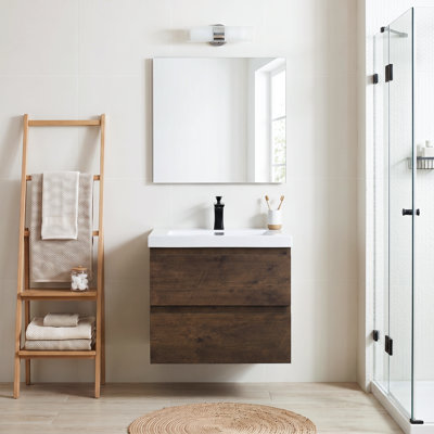 23.62" Wood Melamine Wall-Mount Floating Bathroom Vanity with Integrated Resin Sink & Soft Close Doors Fully Assembled