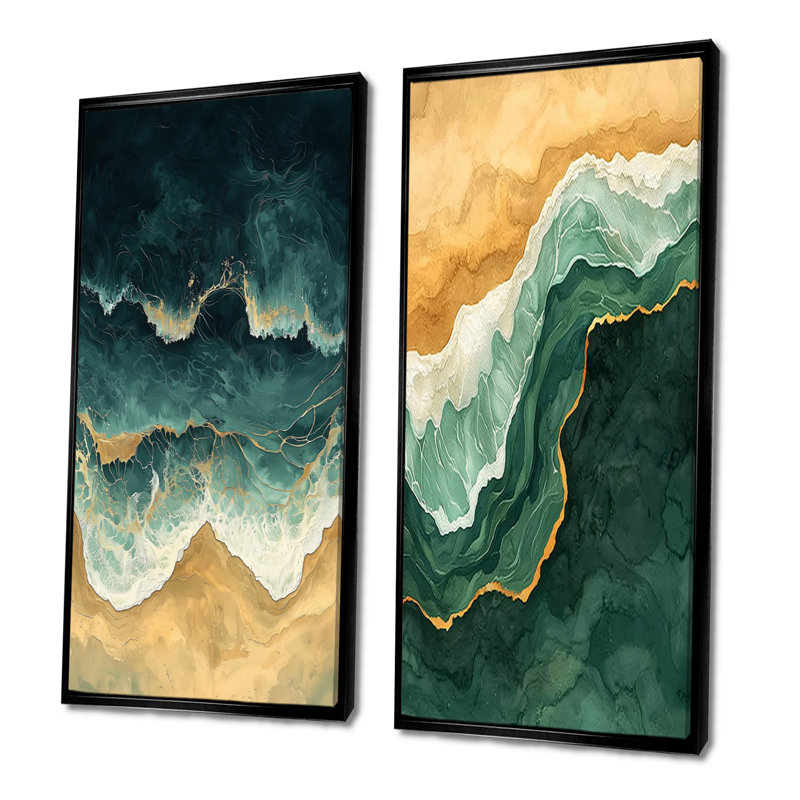 Emerald Beach Areal View I - Collection d'art mural côtier 2 panneaux, H 28 po x l 25 po, Cadre flottant noir