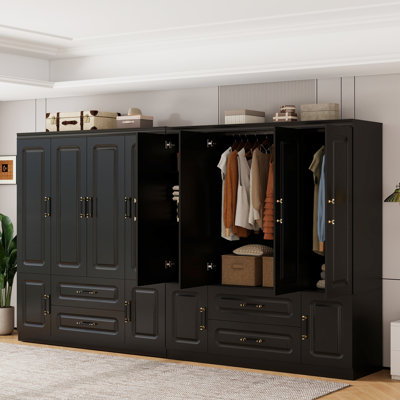 Black Freestanding Bedroom Armoire with 2 Hanging Rods, 3 Drawers & Multi Storage Sections