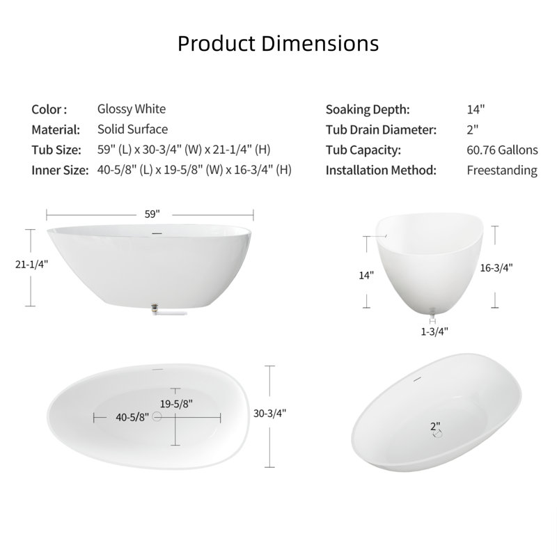 59" Solid Surface Freestanding Bathtub, Glossy White Stone Resin, Deep Soaking, Ergonomic Curve, Pop-Up Drain