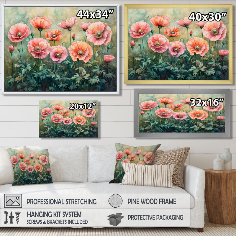 Printemps, coquelicots roses, horizon écarlate I - coquelicots, art mural, H 34 po x l 44 po, Cadre flottant brun