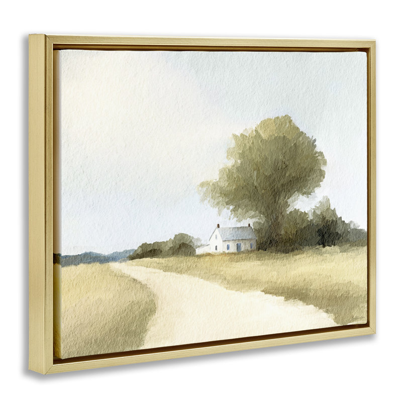 Cadre flottant Farmhouse Road, par Leah Straatsma, H 17 po x l 21 po, Cadre flottant métallique doré