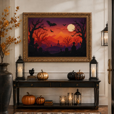 Tableau sur toile d'Halloween représentant un cimetière orange et violet avec des chauves-souris et la lune