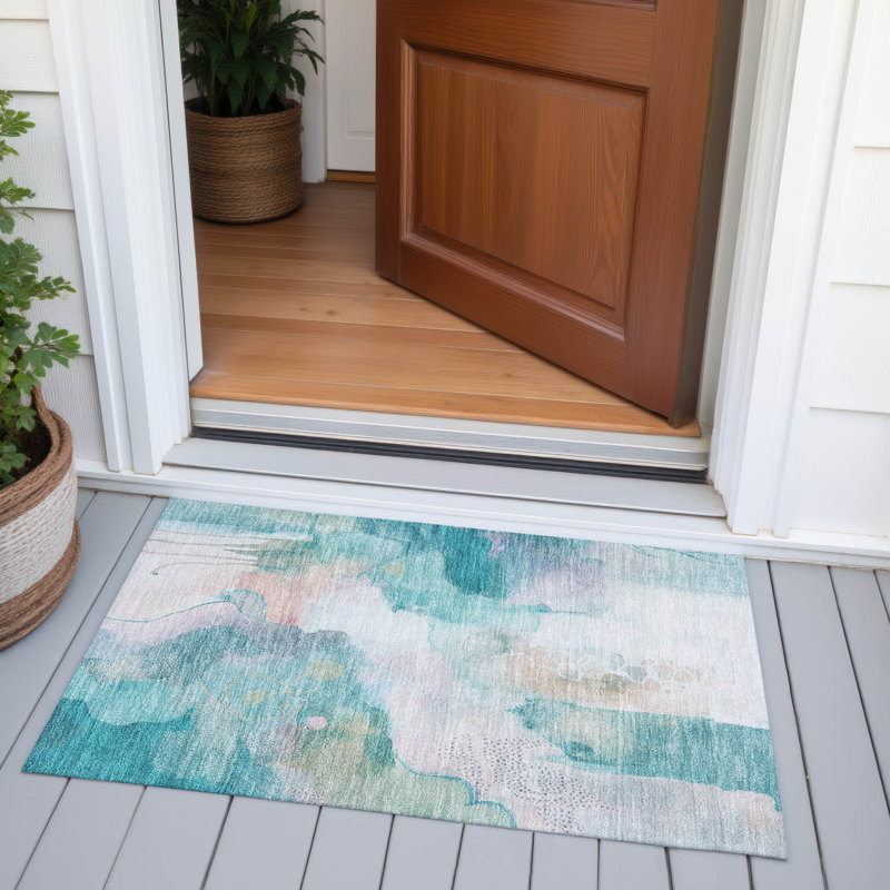 Machine Washable Indoor/Outdoor Xhevrie Turquoise Rug, Rectangle 1'8" x 2'6"