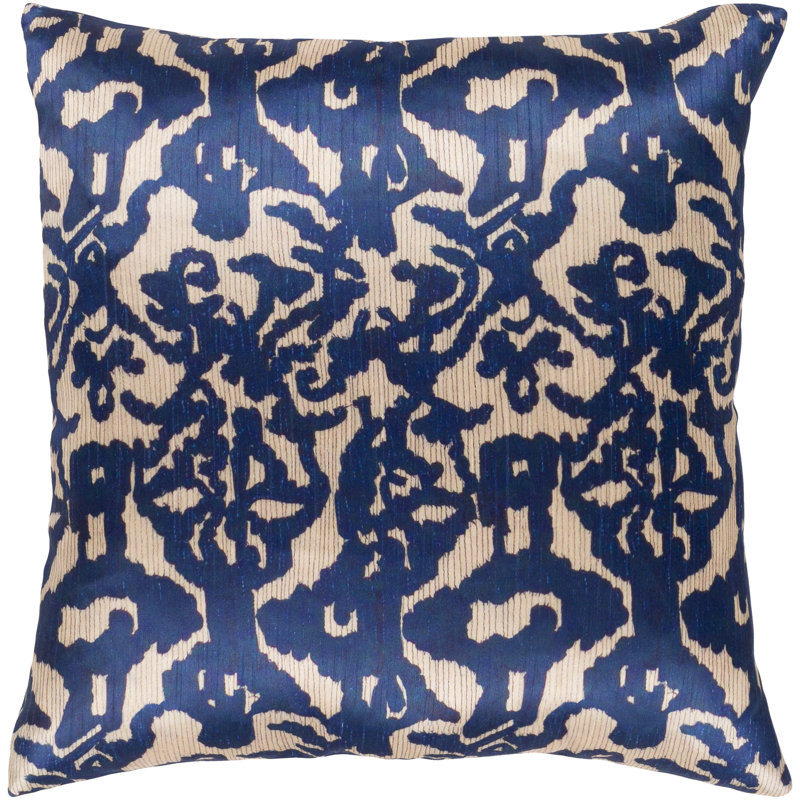 Lambent Damask Throw Pillow, Wheat/Navy, 22" x 22", Polyester/Polyfill